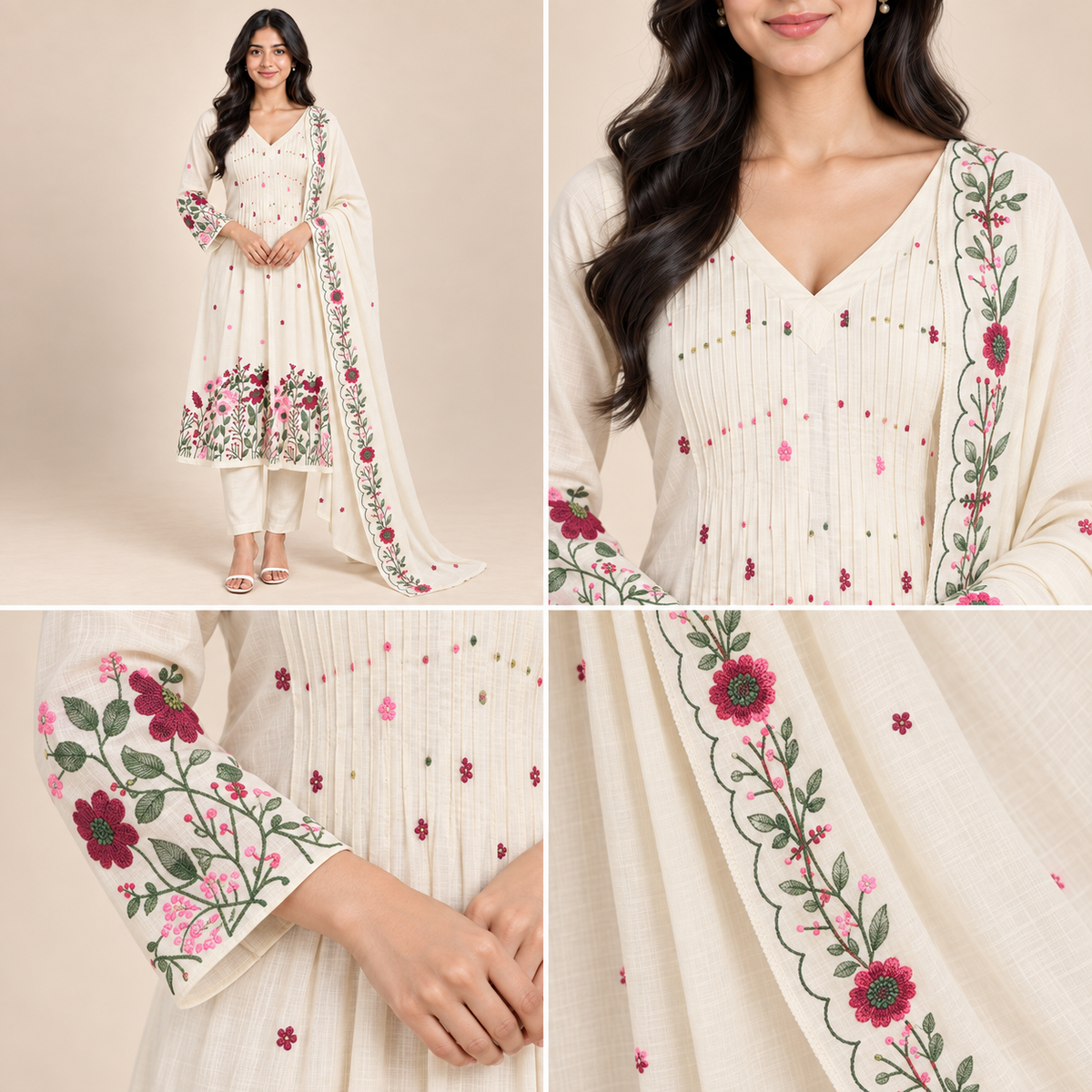 Pure Cotton Flared Anarkali Suit Set with Embroidered Dupatta | PRMP-SE-J-1  [Ivory] 