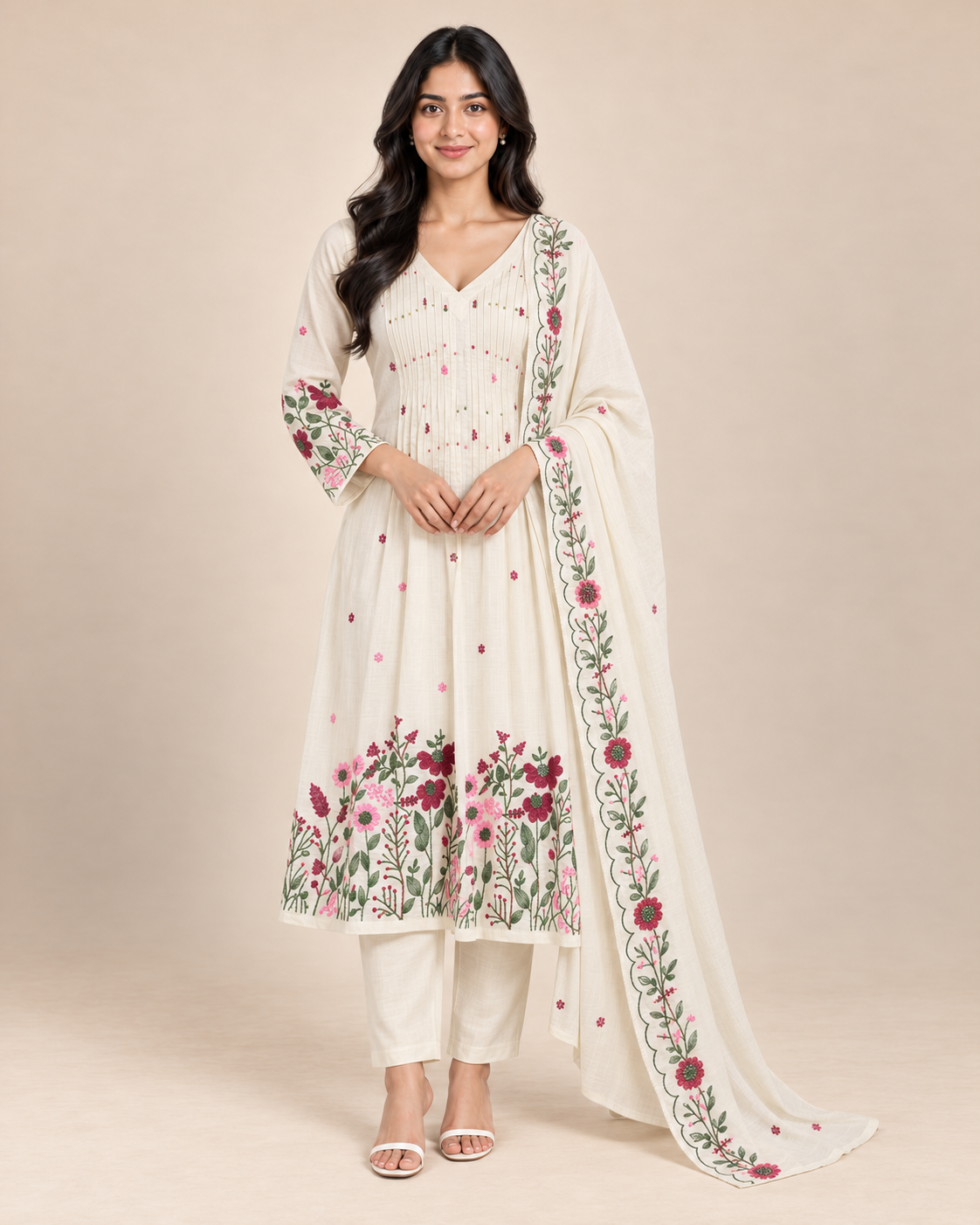 Pure Cotton Flared Anarkali Suit Set with Embroidered Dupatta | PRMP-SE-J-1  [Ivory] 