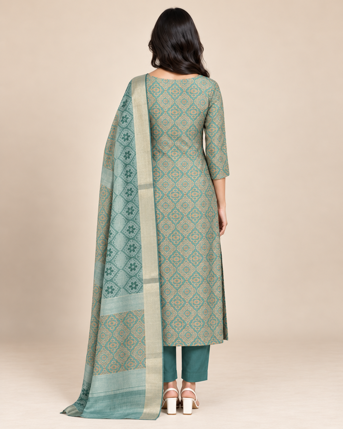 Women’s Handwork Digital Soft Silk Kurta Pant Bandhani Dupatta Set – PRMP-SE-J-10-11-12 [Aqua Teal]