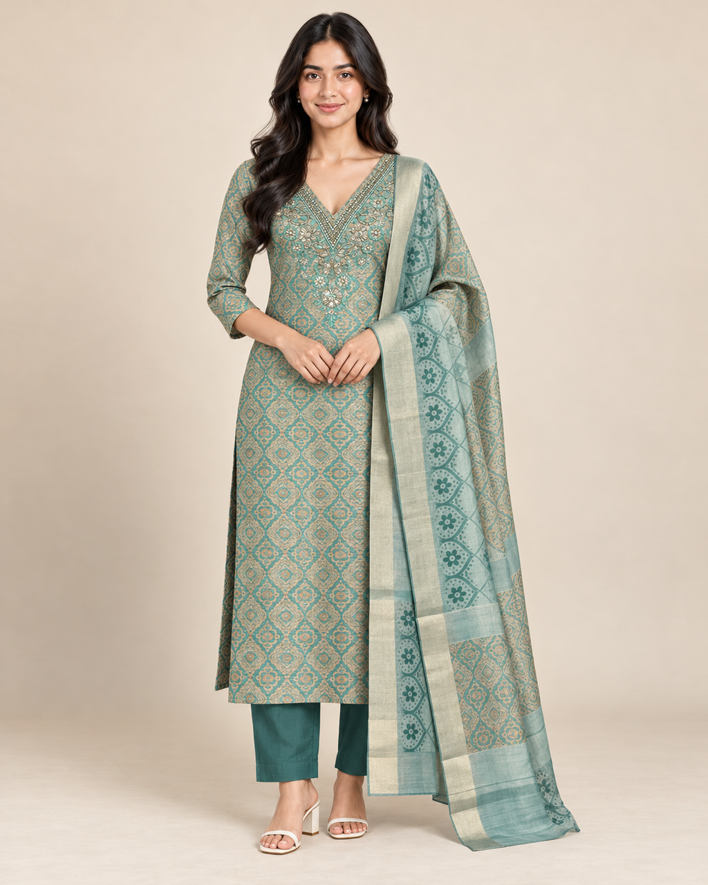 Women’s Handwork Digital Soft Silk Kurta Pant Bandhani Dupatta Set – PRMP-SE-J-10-11-12 [Aqua Teal]