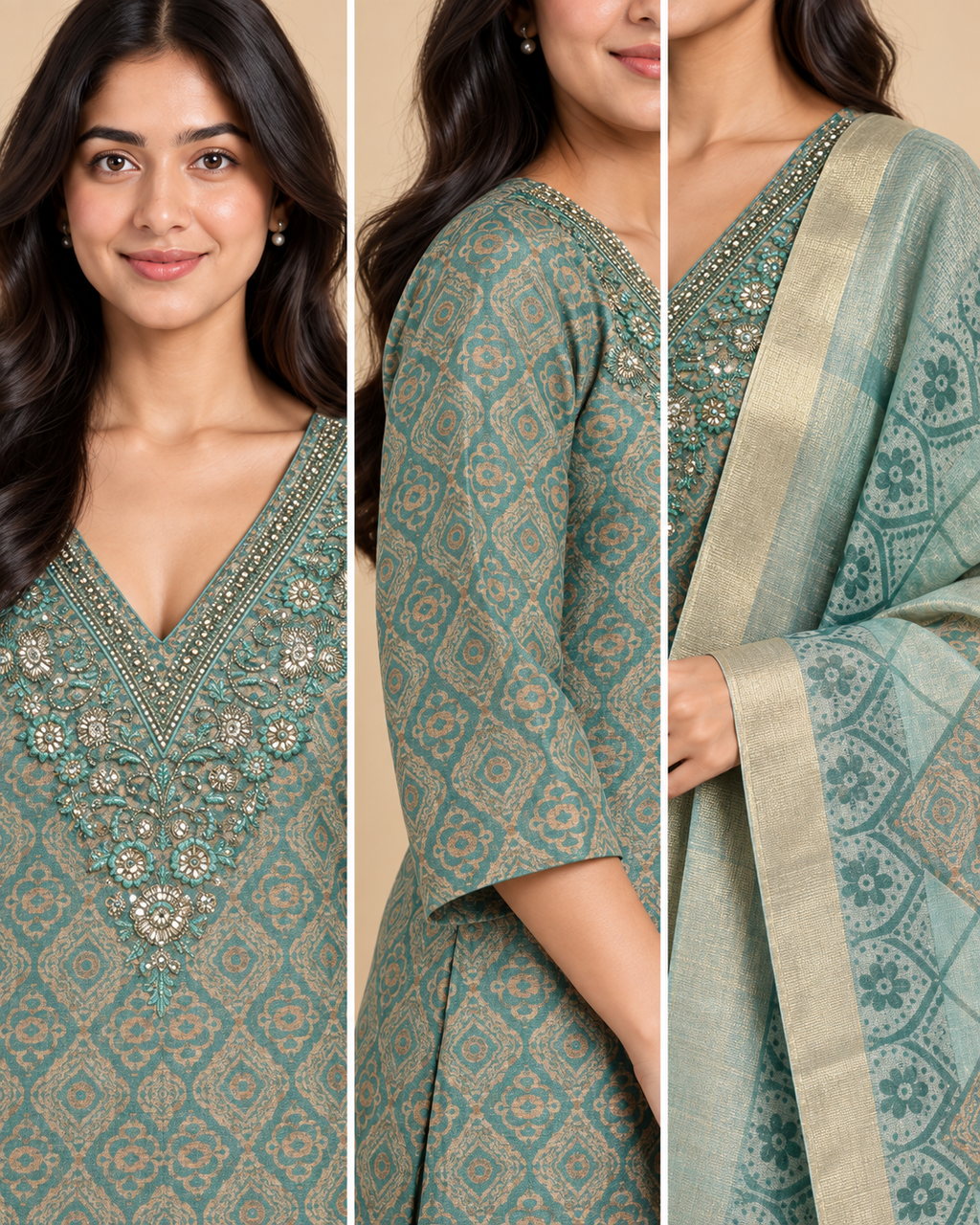 Women’s Handwork Digital Soft Silk Kurta Pant Bandhani Dupatta Set – PRMP-SE-J-10-11-12 [Aqua Teal]