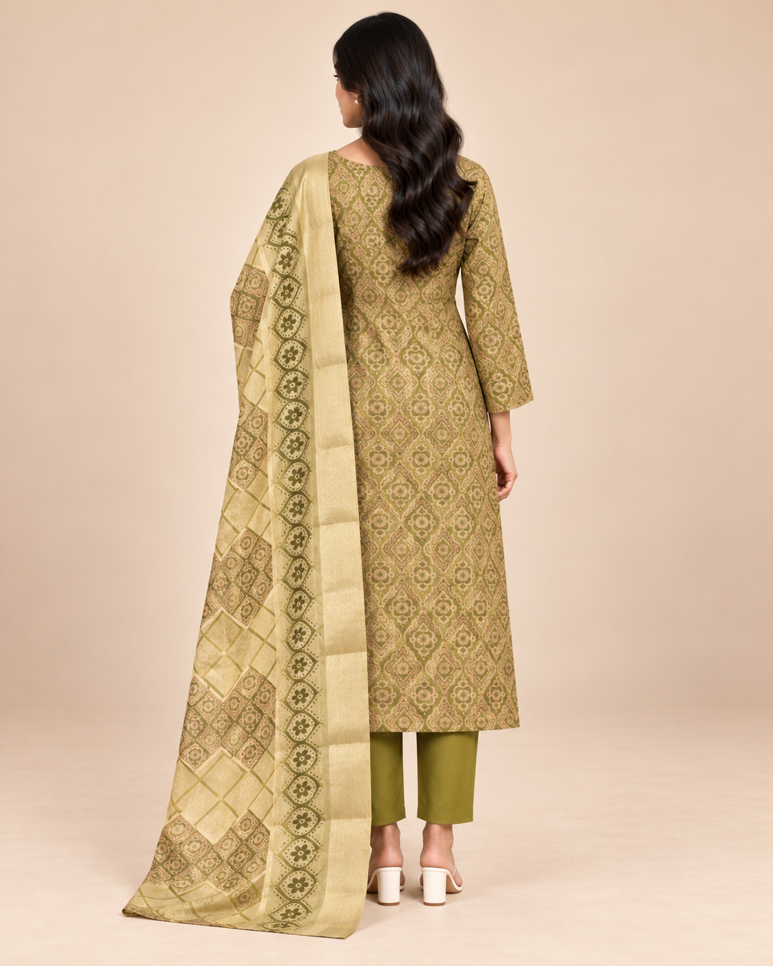 Women’s Handwork Digital Soft Silk Kurta Pant Bandhani Dupatta Set – PRMP-SE-J-10-11-12 [Mehendi Olive]