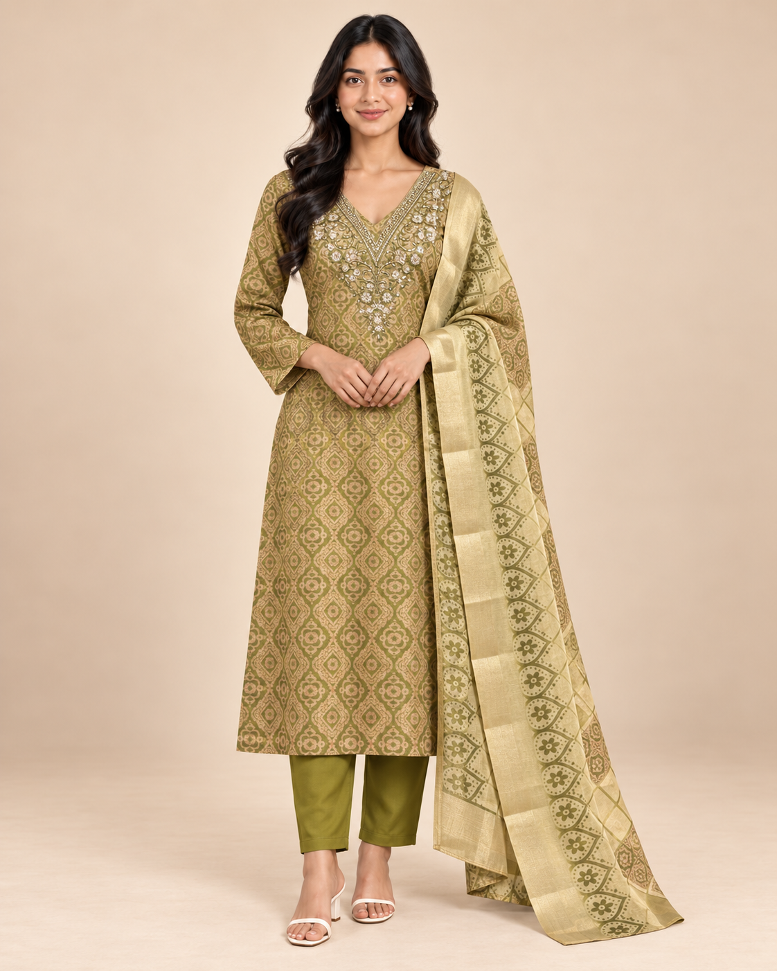 Women’s Handwork Digital Soft Silk Kurta Pant Bandhani Dupatta Set – PRMP-SE-J-10-11-12 [Mehendi Olive]