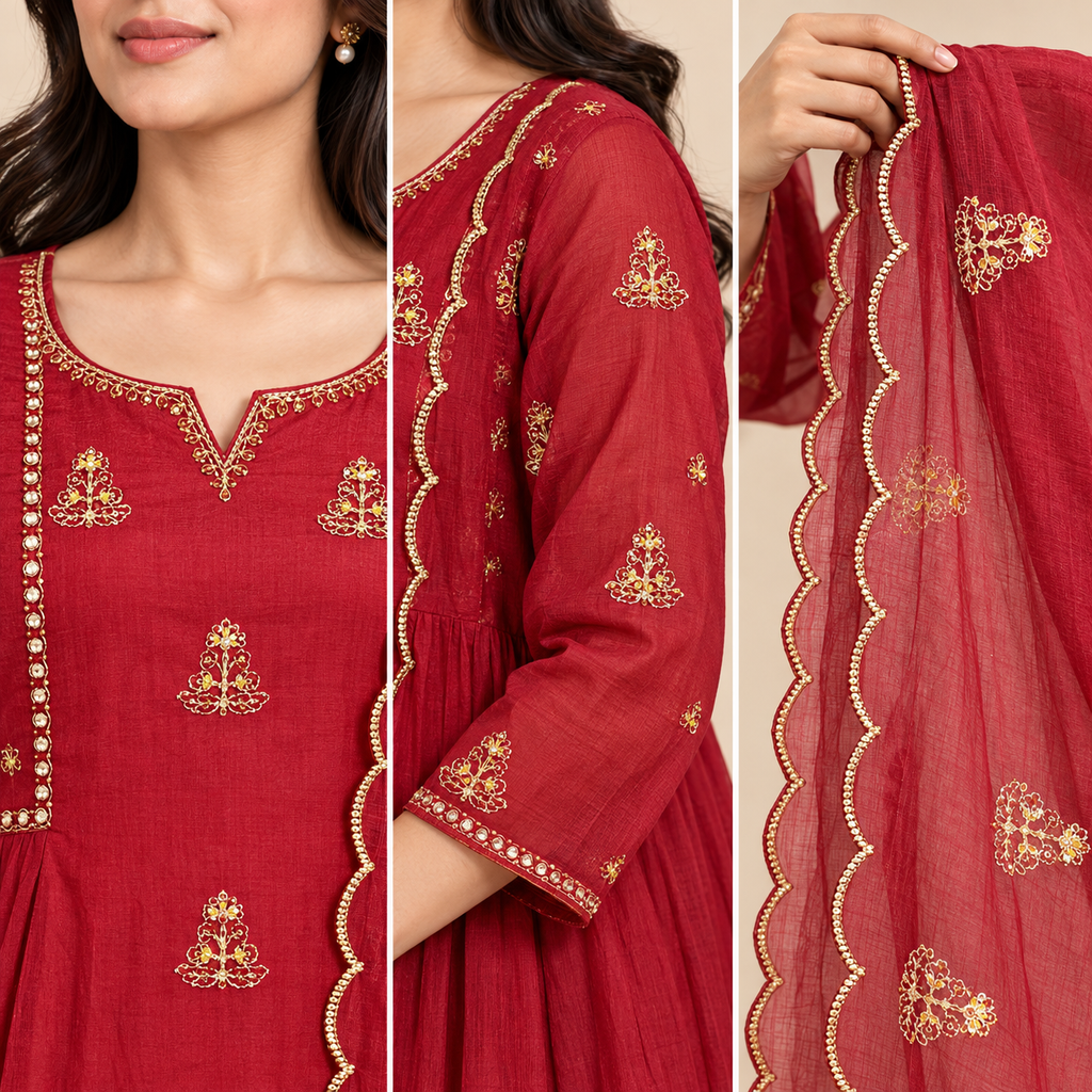 Women’s Embroidered Mul Chanderi Flared Kurta Pant Dupatta Set – PRMP-SE-J-13-14 [DEEP RED]
