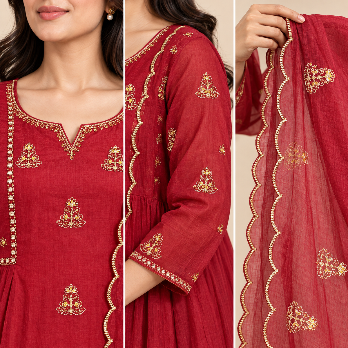 Women’s Embroidered Mul Chanderi Flared Kurta Pant Dupatta Set – PRMP-SE-J-13-14 [DEEP RED]