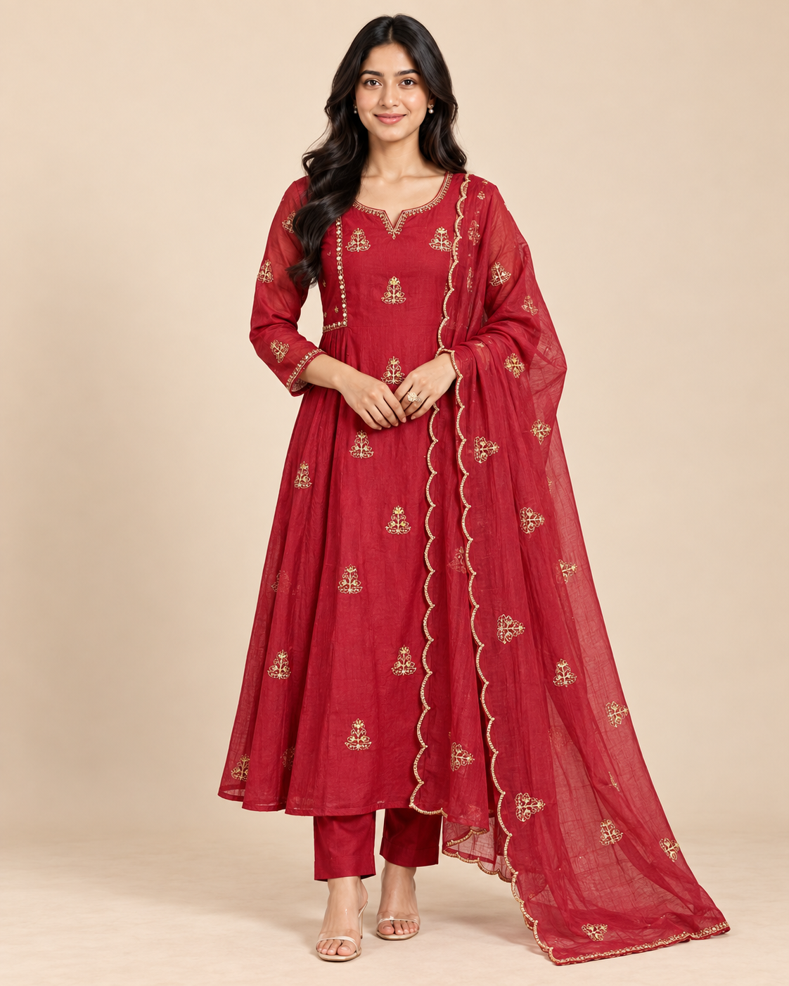 Women’s Embroidered Mul Chanderi Flared Kurta Pant Dupatta Set – PRMP-SE-J-13-14 [DEEP RED]