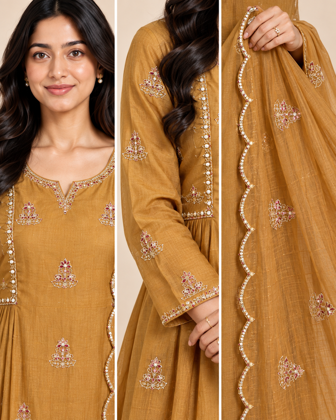 Women’s Embroidered Mul Chanderi Flared Kurta Pant Dupatta Set – PRMP-SE-J-13-14 [golden Mustard]