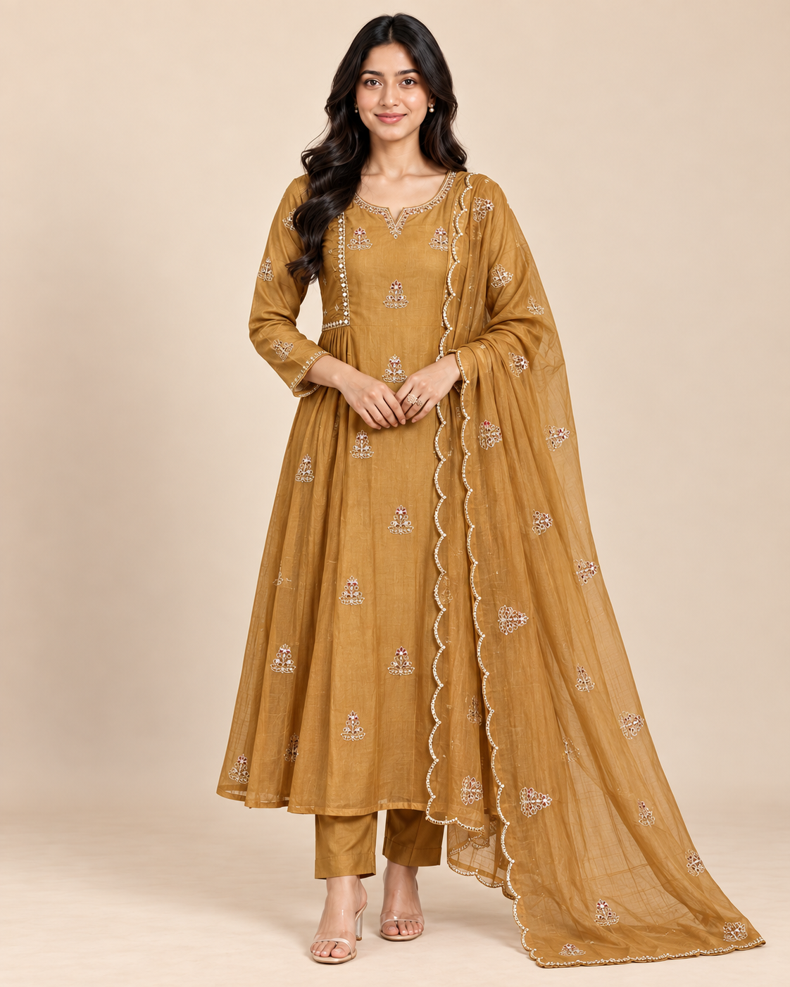 Women’s Embroidered Mul Chanderi Flared Kurta Pant Dupatta Set – PRMP-SE-J-13-14 [golden Mustard]