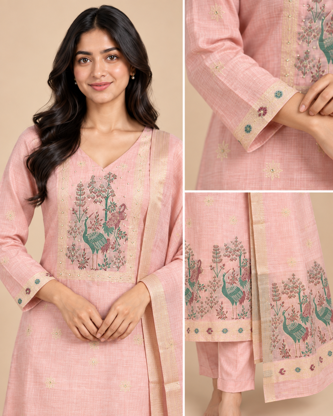 Women’s Jaamdani Silk Embroidered Kurta Pant Dupatta Set – PRMP-SE-J-15-16-17-18 [Pastel Pink]