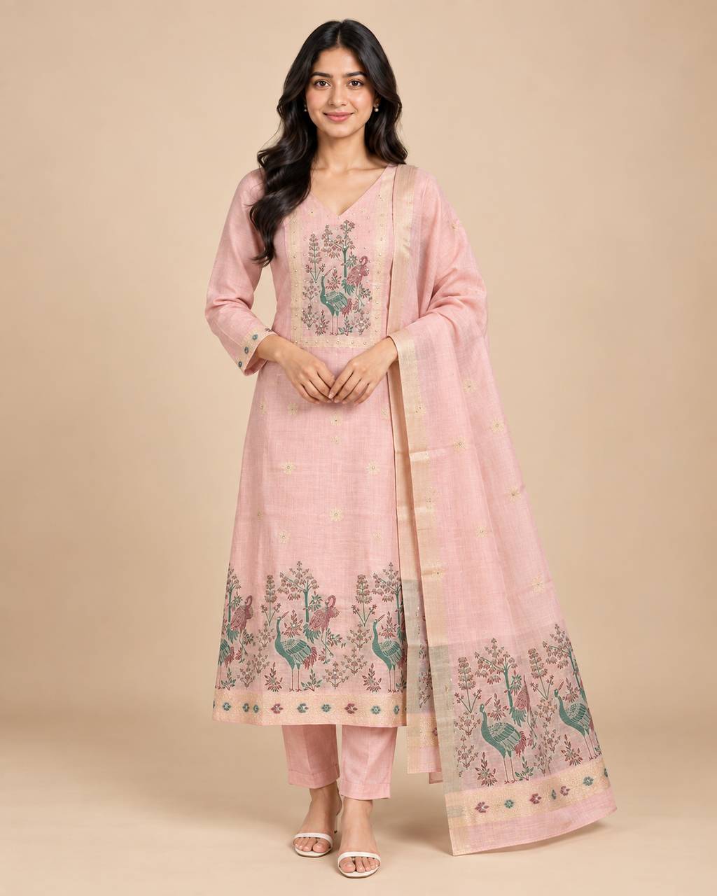 Women’s Jaamdani Silk Embroidered Kurta Pant Dupatta Set – PRMP-SE-J-15-16-17-18 [Pastel Pink]