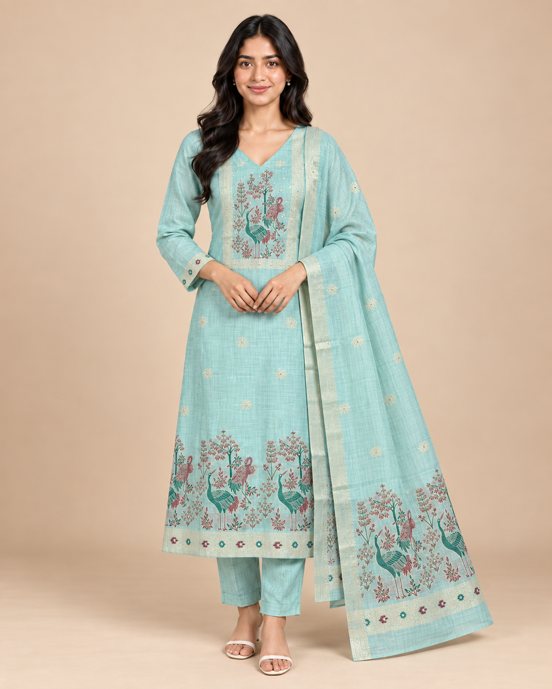 Women’s Jaamdani Silk Embroidered Kurta Pant Dupatta Set – PRMP-SE-J-15-16-17-18 [Mint Aqua]