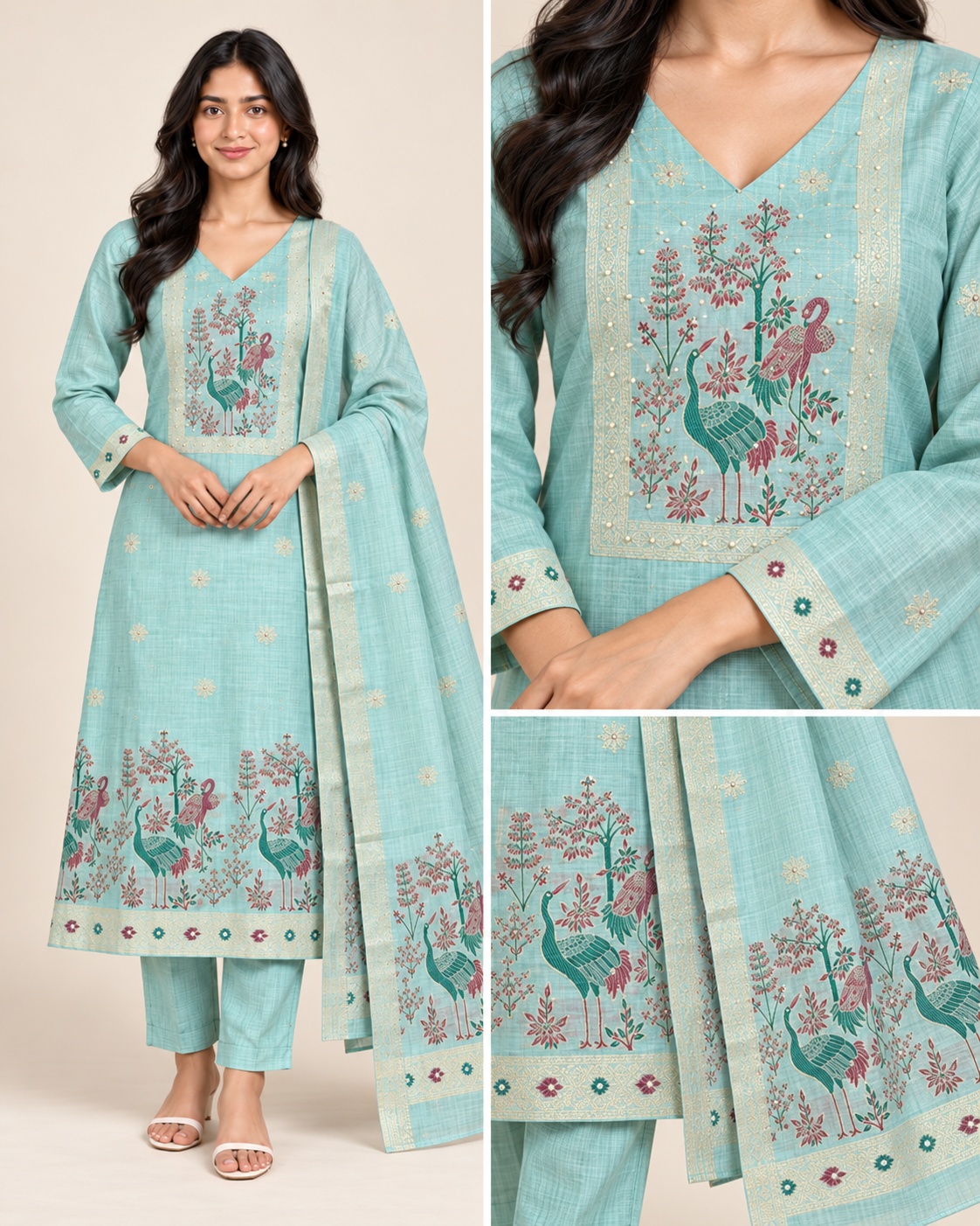 Women’s Jaamdani Silk Embroidered Kurta Pant Dupatta Set – PRMP-SE-J-15-16-17-18 [Mint Aqua]