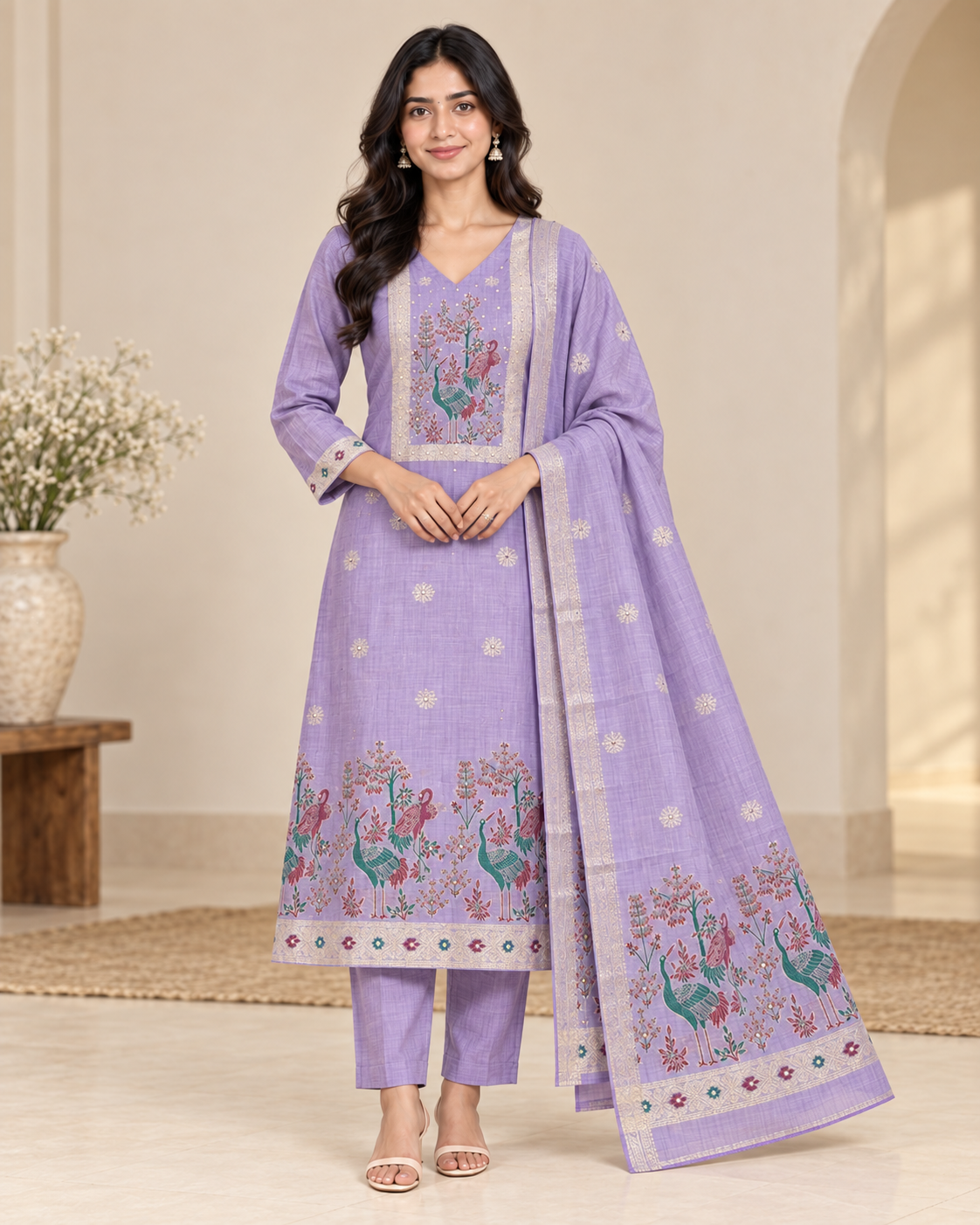 Women’s Jaamdani Silk Embroidered Kurta Pant Dupatta Set – PRMP-SE-J-15-16-17-18 [Lavender]