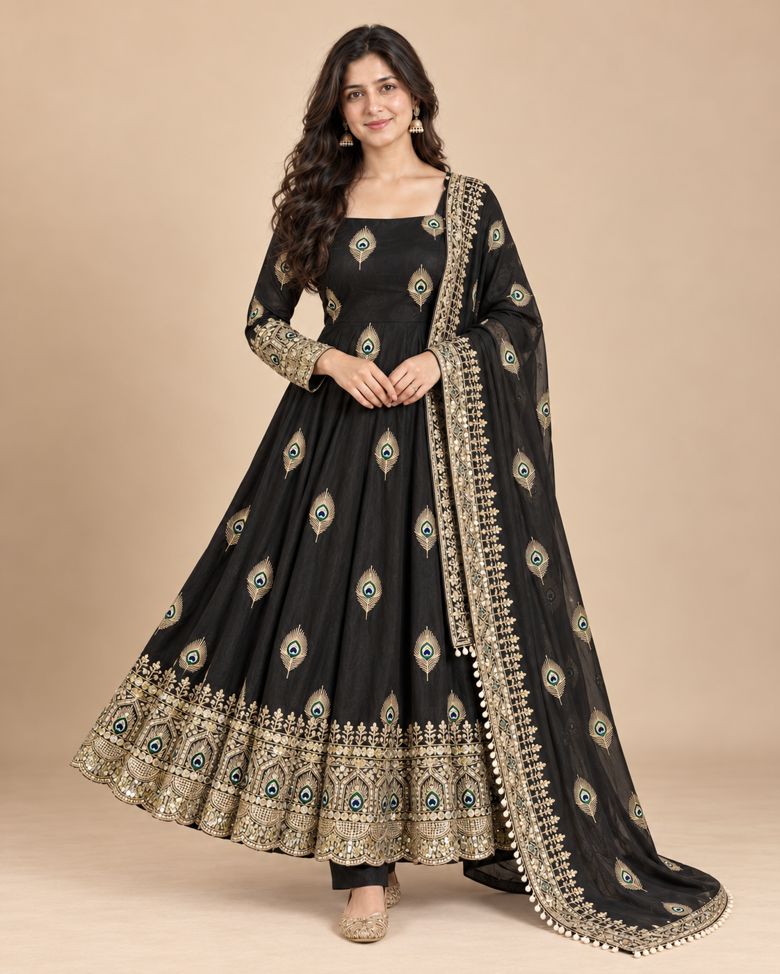 Peacock Embroidered Fendy Silk Anarkali 3-Piece Suit Set-PRMP-SE-J-22 [black]