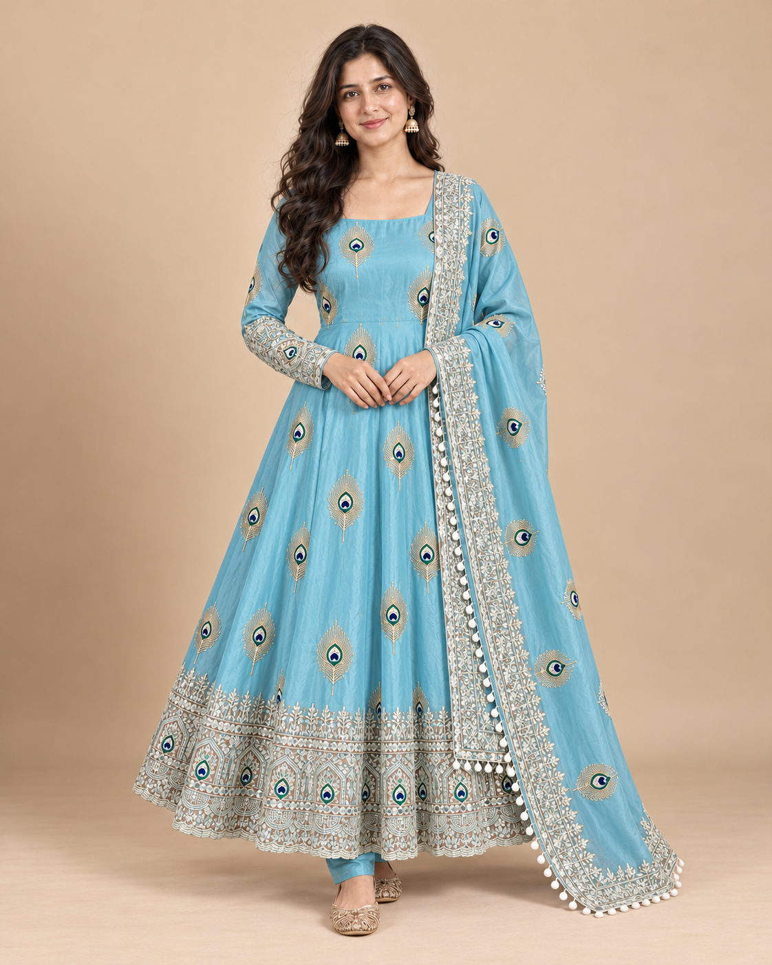 Peacock Embroidered Fendy Silk Anarkali 3-Piece Suit Set-PRMP-SE-J-22 [Sky Blue]