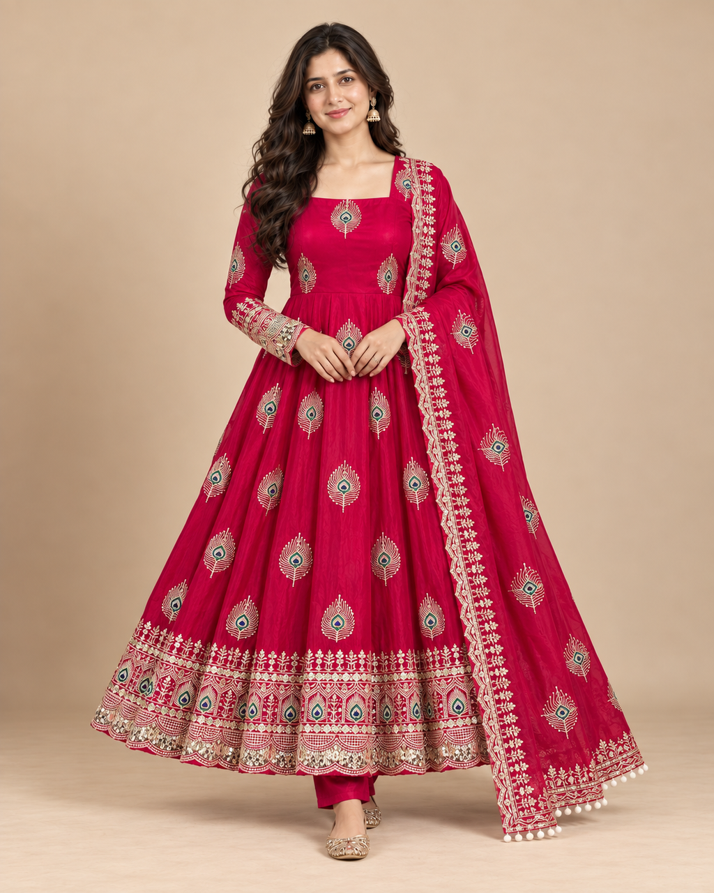 Peacock Embroidered Fendy Silk Anarkali 3-Piece Suit Set-PRMP-SE-J-22 [Rani Pink]