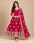 Peacock Embroidered Fendy Silk Anarkali 3-Piece Suit Set-PRMP-SE-J-22 [Rani Pink]