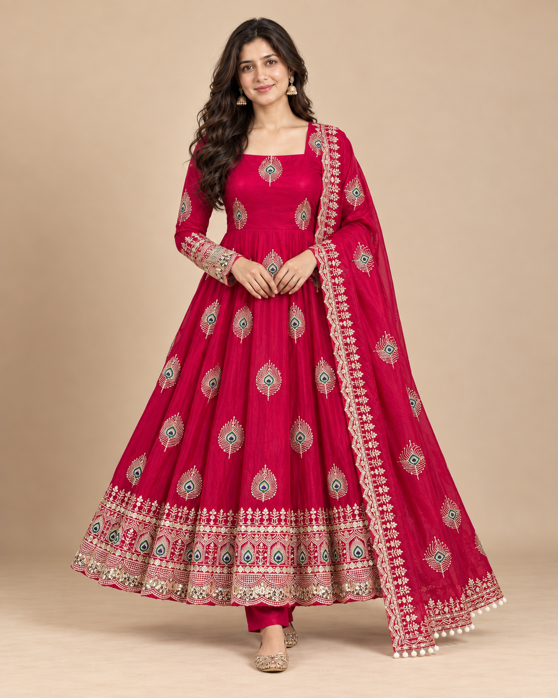 Peacock Embroidered Fendy Silk Anarkali 3-Piece Suit Set-PRMP-SE-J-22 [Rani Pink]