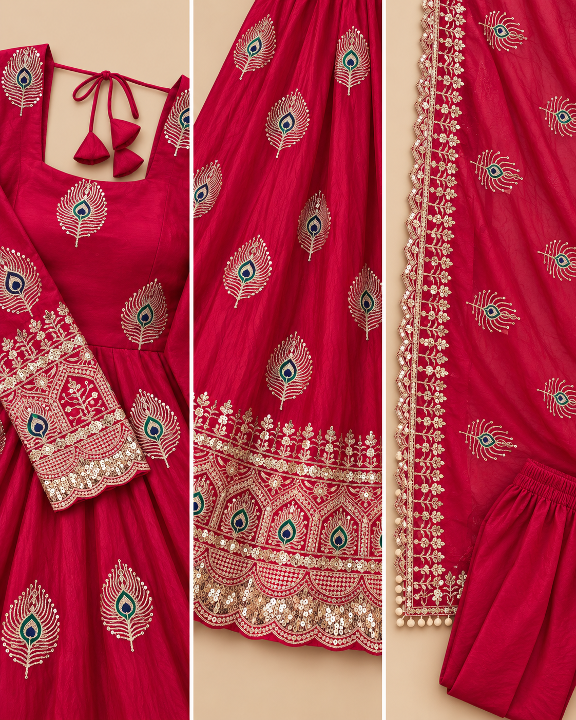 Peacock Embroidered Fendy Silk Anarkali 3-Piece Suit Set-PRMP-SE-J-22 [Rani Pink]