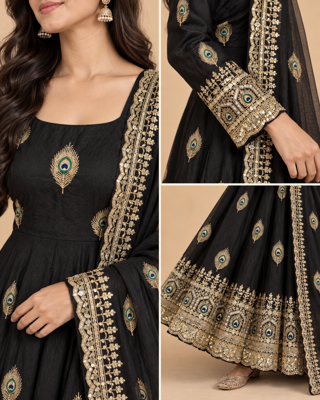 Peacock Embroidered Fendy Silk Anarkali 3-Piece Suit Set-PRMP-SE-J-22 [black]
