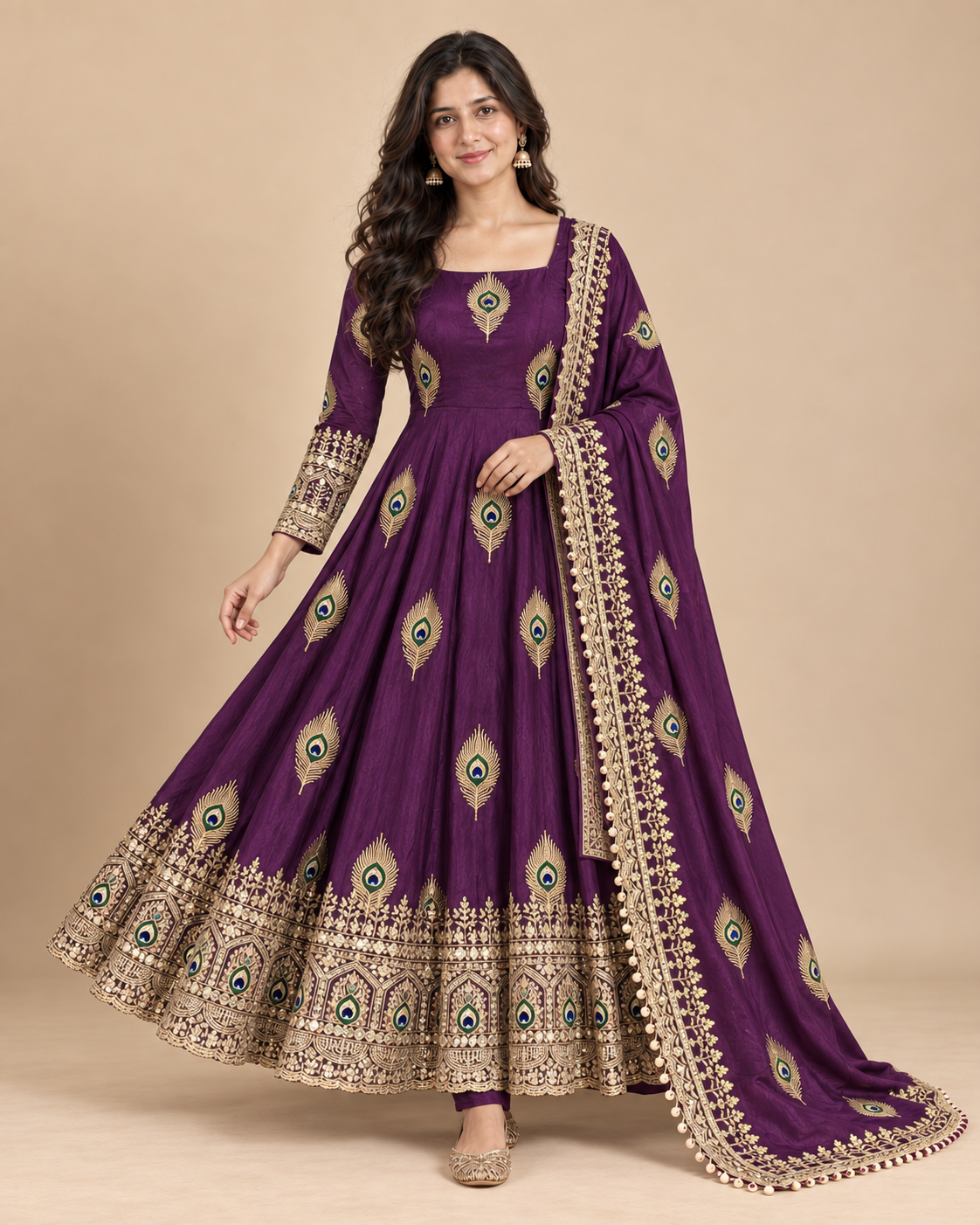 Peacock Embroidered Fendy Silk Anarkali 3-Piece Suit Set-PRMP-SE-J-22 [Purple]