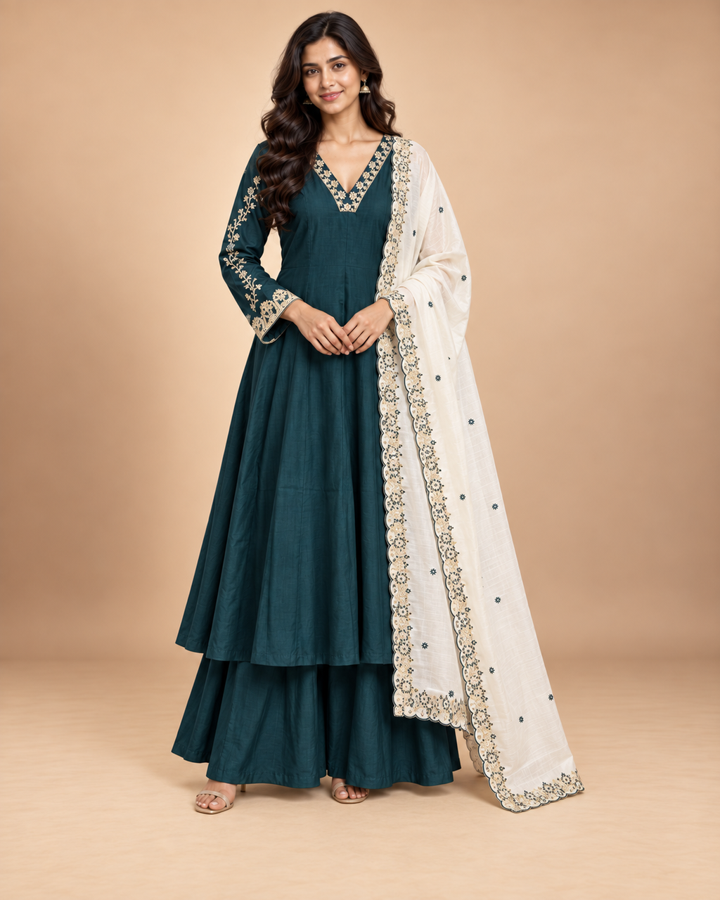 Women’s Handwork Anarkali Kurti with Sharara & Contrast Dupatta – Maslin Glass Silk-PRMP-SE-J-23 [Deep Teal]