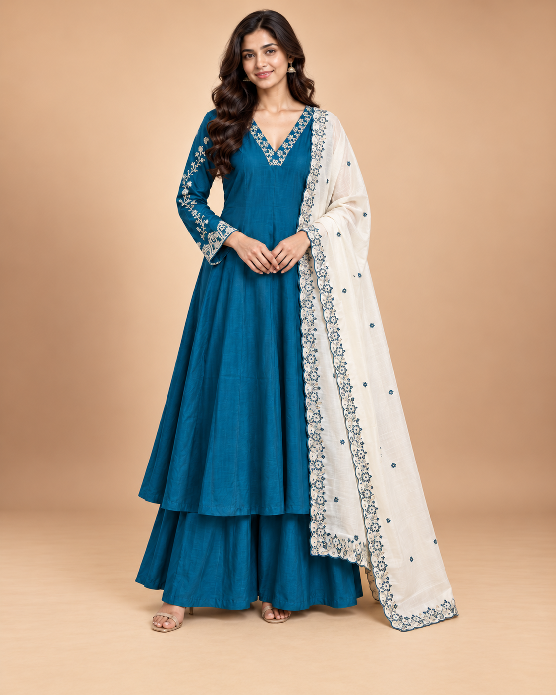 Women’s Handwork Anarkali Kurti with Sharara & Contrast Dupatta – Maslin Glass Silk-PRMP-SE-J-23 [Peacock Blue]