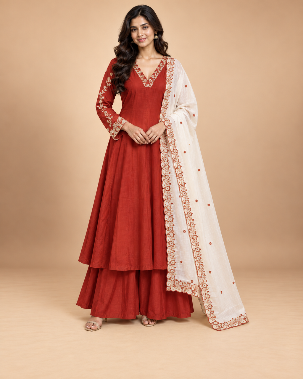 Women’s Handwork Anarkali Kurti with Sharara & Contrast Dupatta – Maslin Glass Silk-PRMP-SE-J-23 [Rust Red]