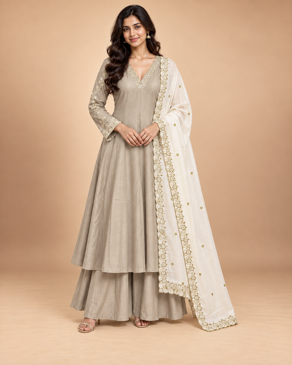 Women’s Handwork Anarkali Kurti with Sharara & Contrast Dupatta – Maslin Glass Silk-PRMP-SE-J-23 [Beige Grey]