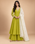 Women’s Handwork Anarkali Kurti with Sharara & Contrast Dupatta – Maslin Glass Silk-PRMP-SE-J-23 [Mehendi Green]
