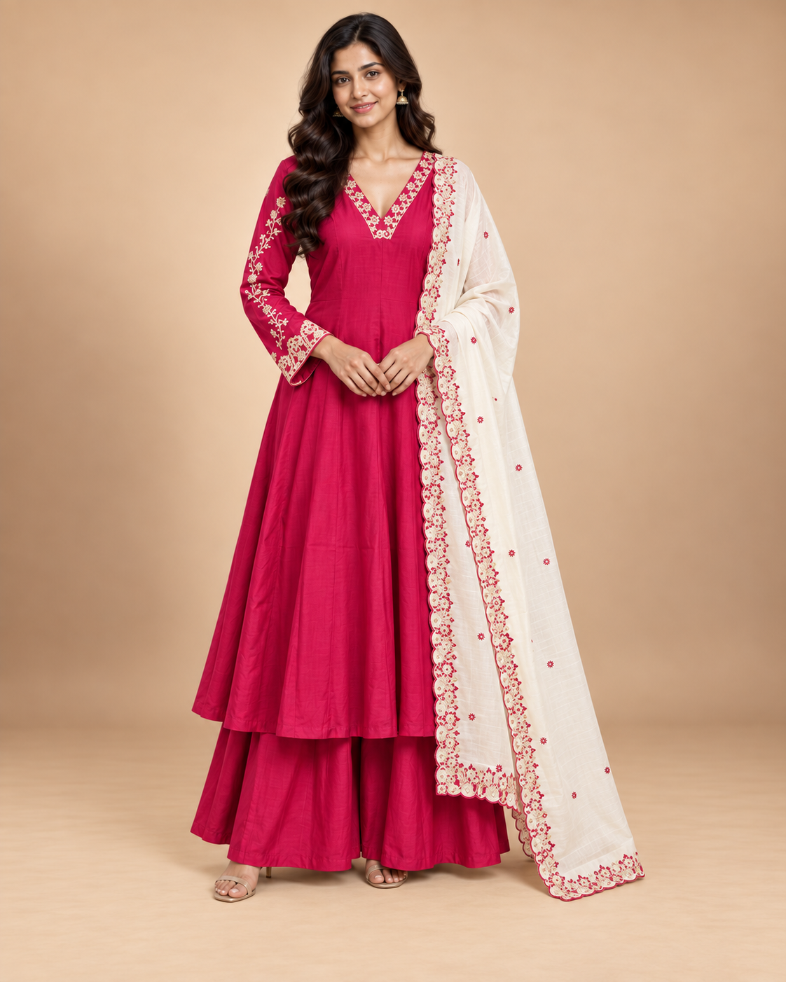 Women’s Handwork Anarkali Kurti with Sharara & Contrast Dupatta – Maslin Glass Silk-PRMP-SE-J-23 [Rani Pink]