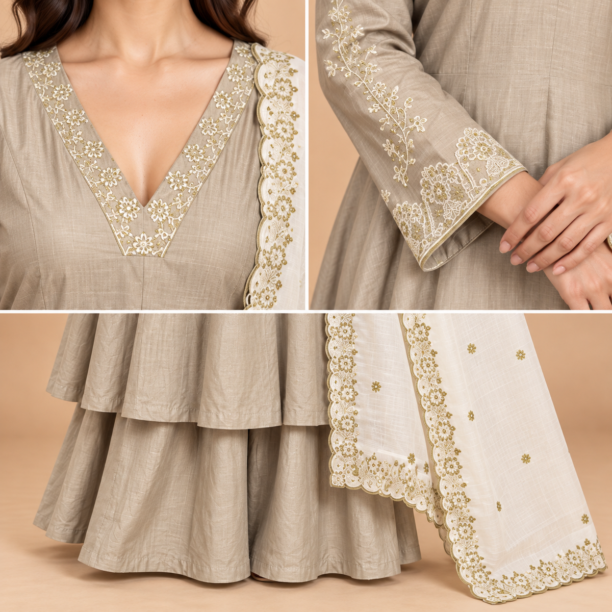 Women’s Handwork Anarkali Kurti with Sharara & Contrast Dupatta – Maslin Glass Silk-PRMP-SE-J-23 [Beige Grey]