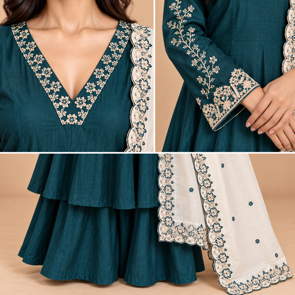 Women’s Handwork Anarkali Kurti with Sharara & Contrast Dupatta – Maslin Glass Silk-PRMP-SE-J-23 [Deep Teal]