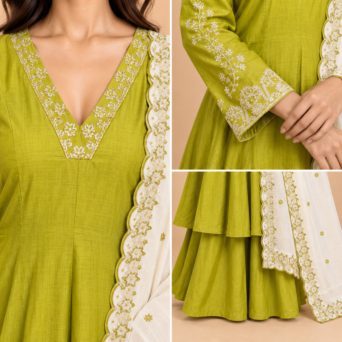 Women’s Handwork Anarkali Kurti with Sharara & Contrast Dupatta – Maslin Glass Silk-PRMP-SE-J-23 [Mehendi Green]