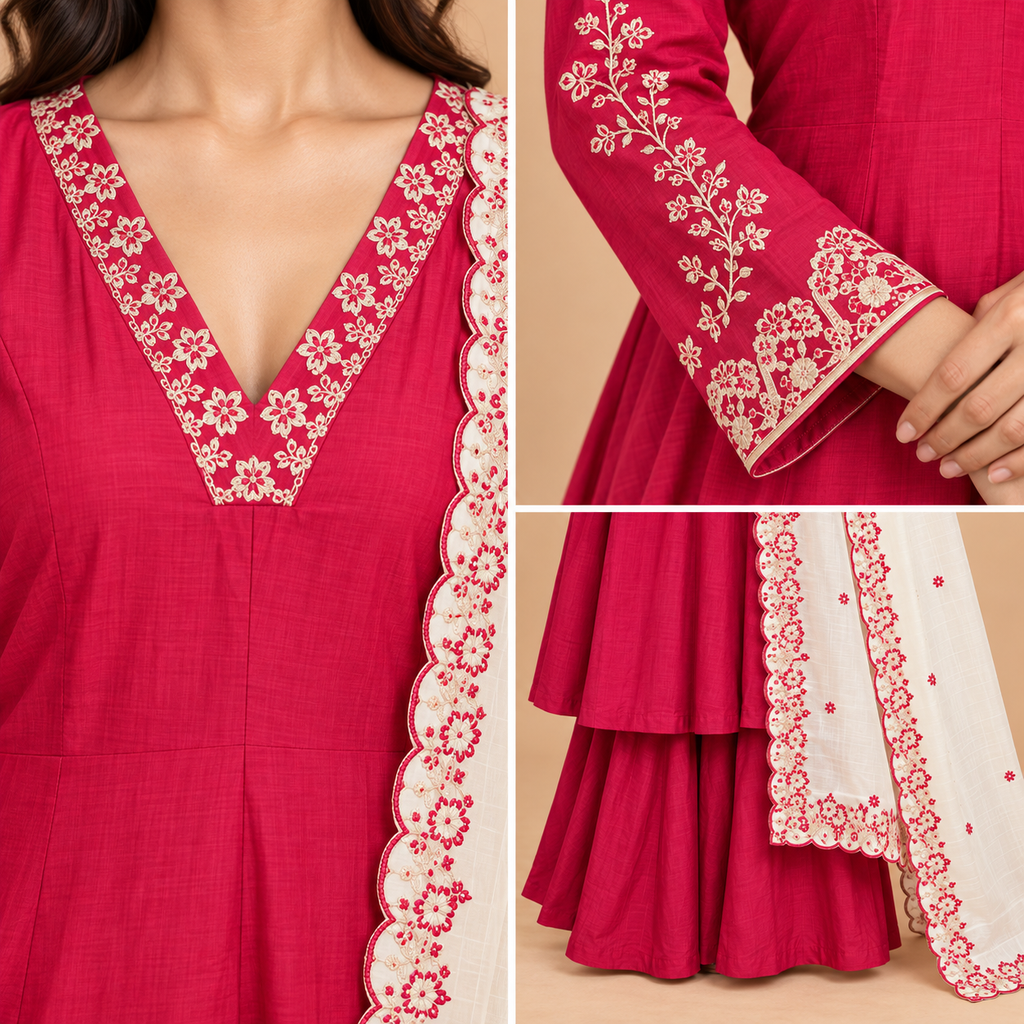 Women’s Handwork Anarkali Kurti with Sharara & Contrast Dupatta – Maslin Glass Silk-PRMP-SE-J-23 [Rani Pink]