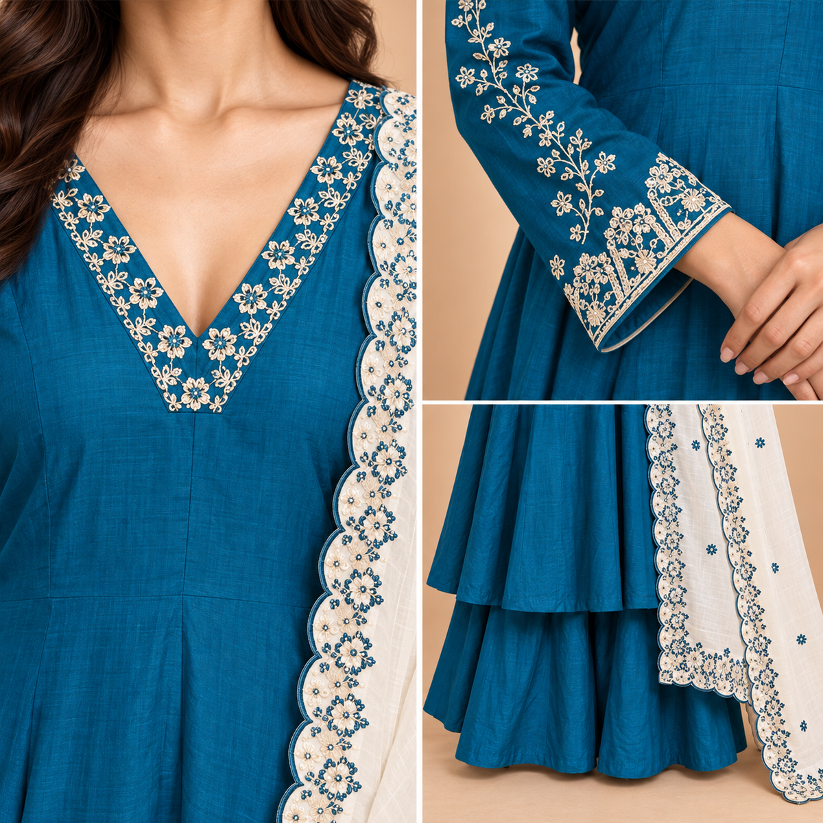 Women’s Handwork Anarkali Kurti with Sharara & Contrast Dupatta – Maslin Glass Silk-PRMP-SE-J-23 [Peacock Blue]