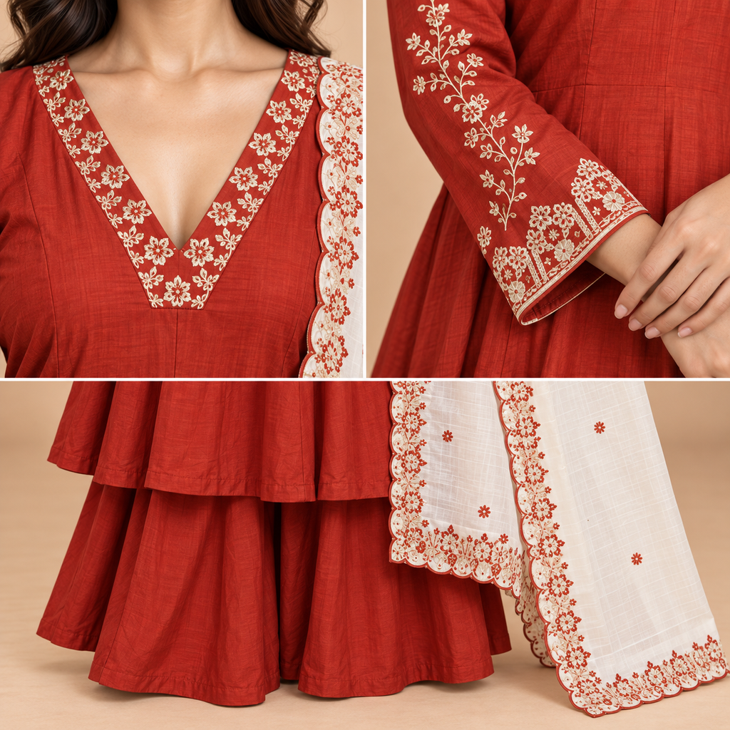 Women’s Handwork Anarkali Kurti with Sharara & Contrast Dupatta – Maslin Glass Silk-PRMP-SE-J-23 [Rust Red]
