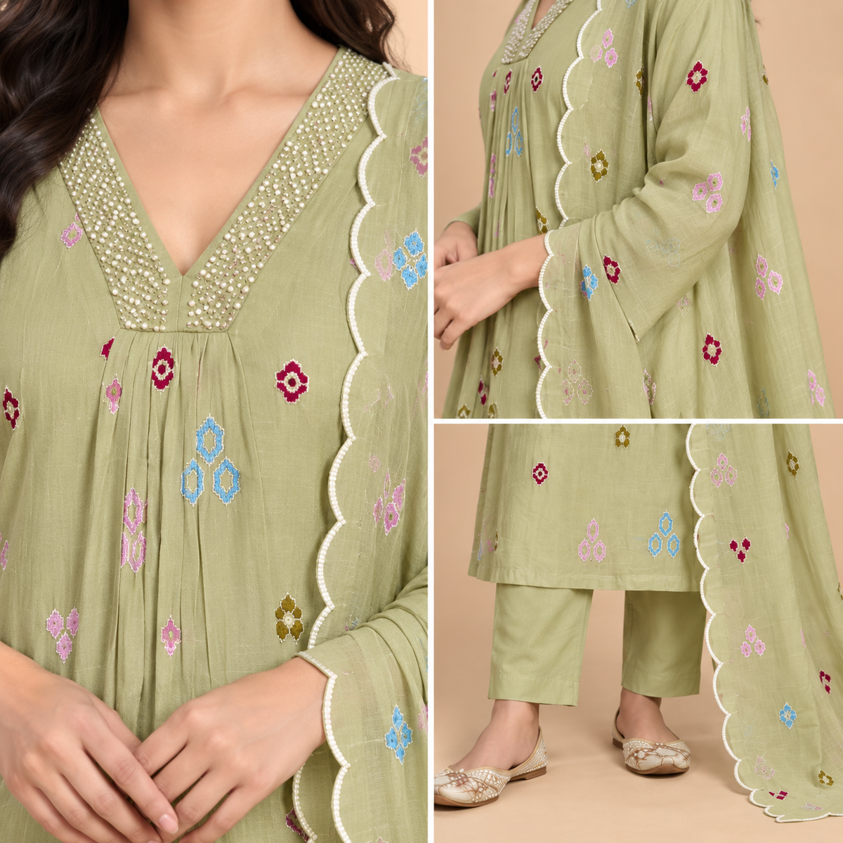 Women’s Premium Mul Chanderi Embroidered Kurta Pant Set with Dupatta-PRMP-SE-J-24 [ Sage Green ]