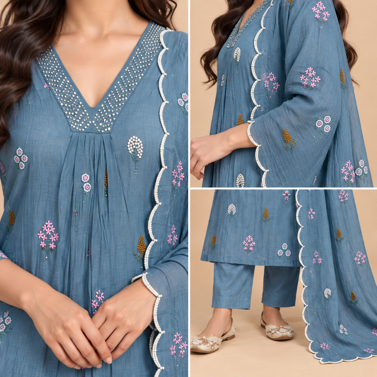 Women’s Premium Mul Chanderi Embroidered Kurta Pant Set with Dupatta-PRMP-SE-J-24 [ Dusty Blue ]