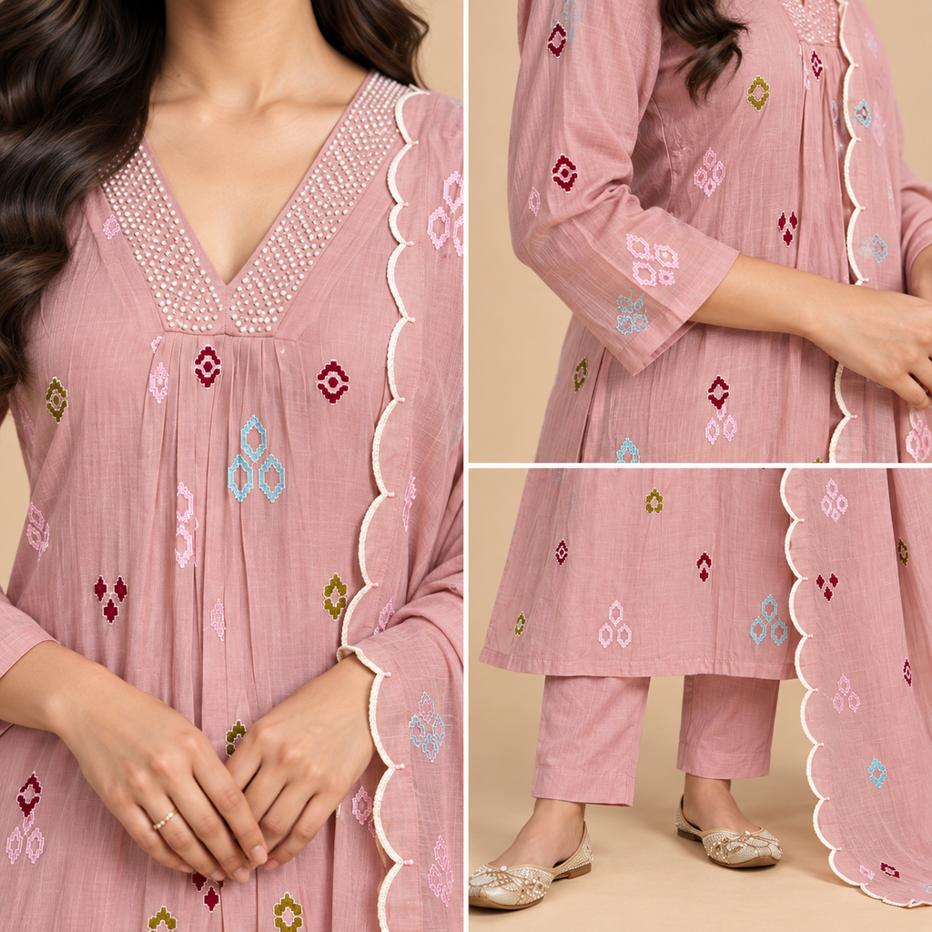 Women’s Premium Mul Chanderi Embroidered Kurta Pant Set with Dupatta-PRMP-SE-J-24 [ Dusty Rose ]