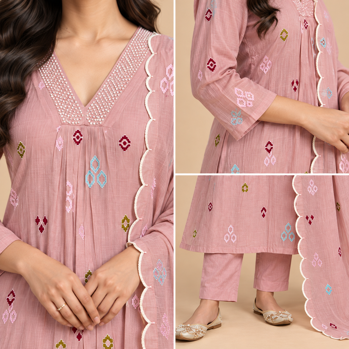 Women’s Premium Mul Chanderi Embroidered Kurta Pant Set with Dupatta-PRMP-SE-J-24 [ Dusty Rose ]