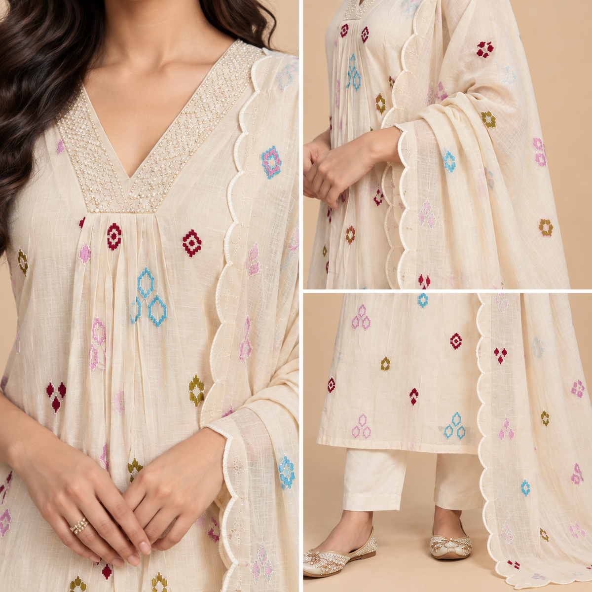 Women’s Premium Mul Chanderi Embroidered Kurta Pant Set with Dupatta-PRMP-SE-J-24 [ Ivory Cream ]