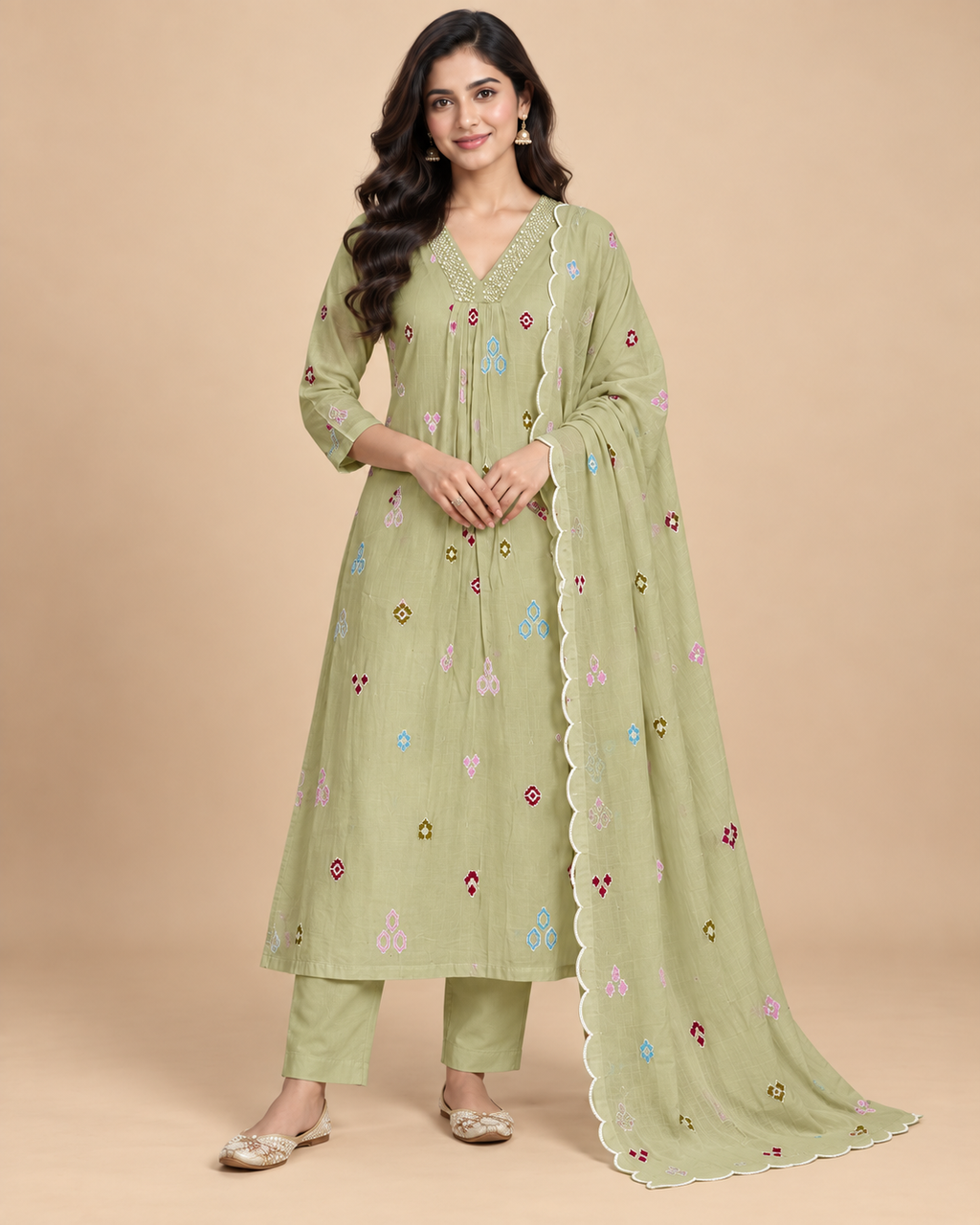 Women’s Premium Mul Chanderi Embroidered Kurta Pant Set with Dupatta-PRMP-SE-J-24 [ Sage Green ]