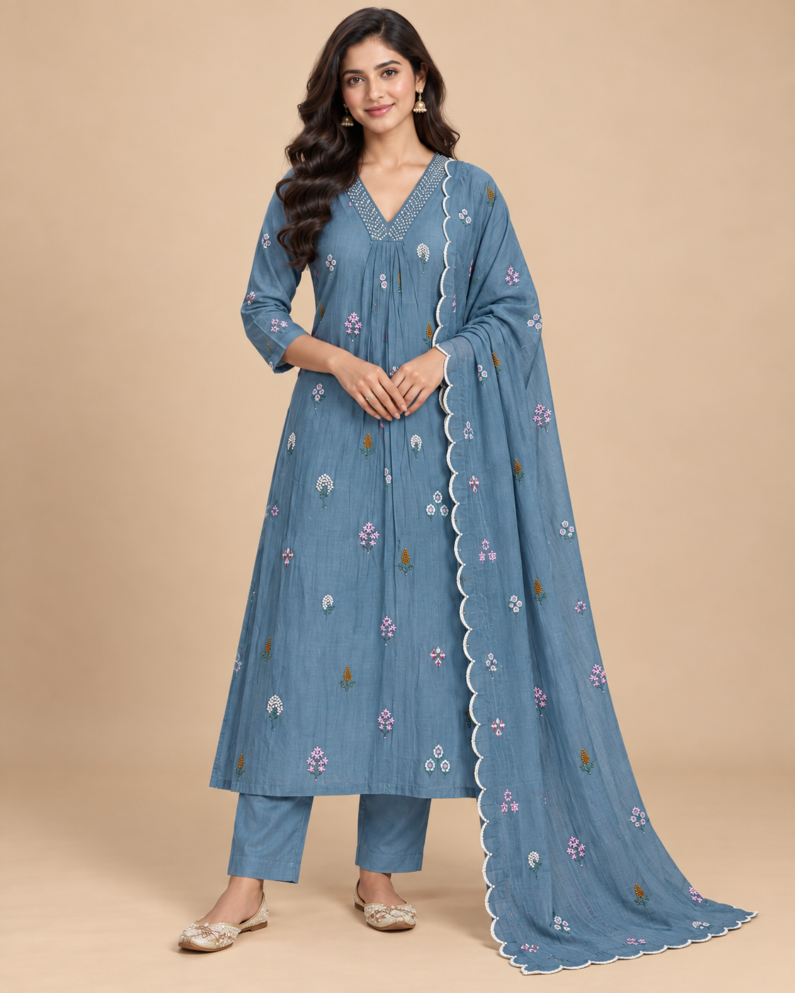 Women’s Premium Mul Chanderi Embroidered Kurta Pant Set with Dupatta-PRMP-SE-J-24 [ Dusty Blue ]