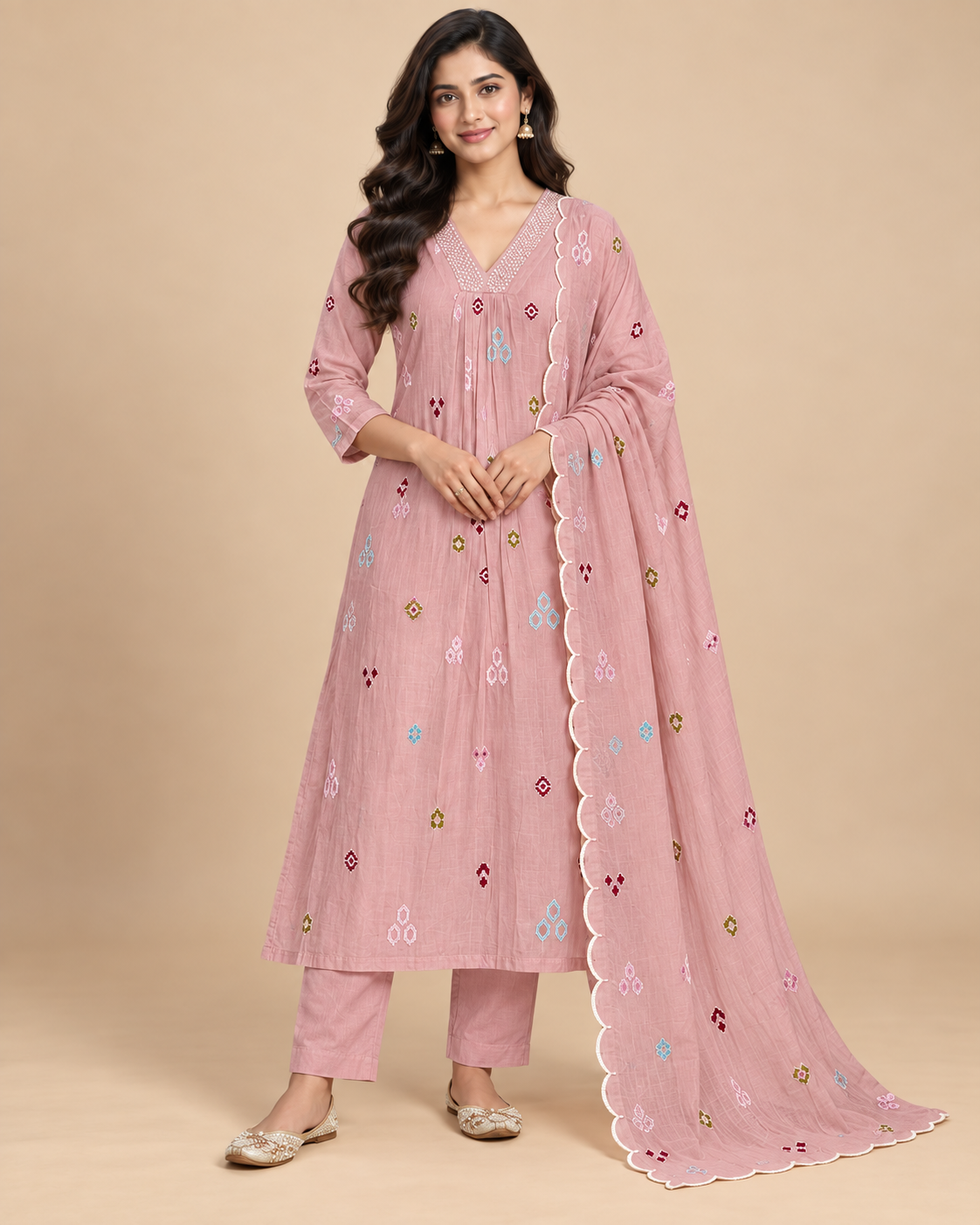 Women’s Premium Mul Chanderi Embroidered Kurta Pant Set with Dupatta-PRMP-SE-J-24 [ Dusty Rose ]