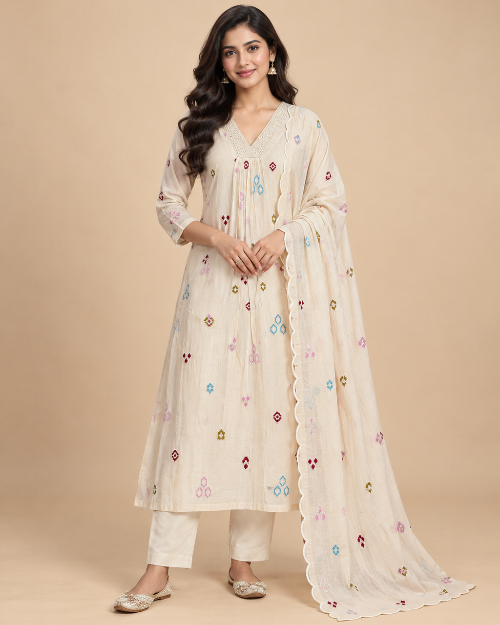 Women’s Premium Mul Chanderi Embroidered Kurta Pant Set with Dupatta-PRMP-SE-J-24 [ Ivory Cream ]