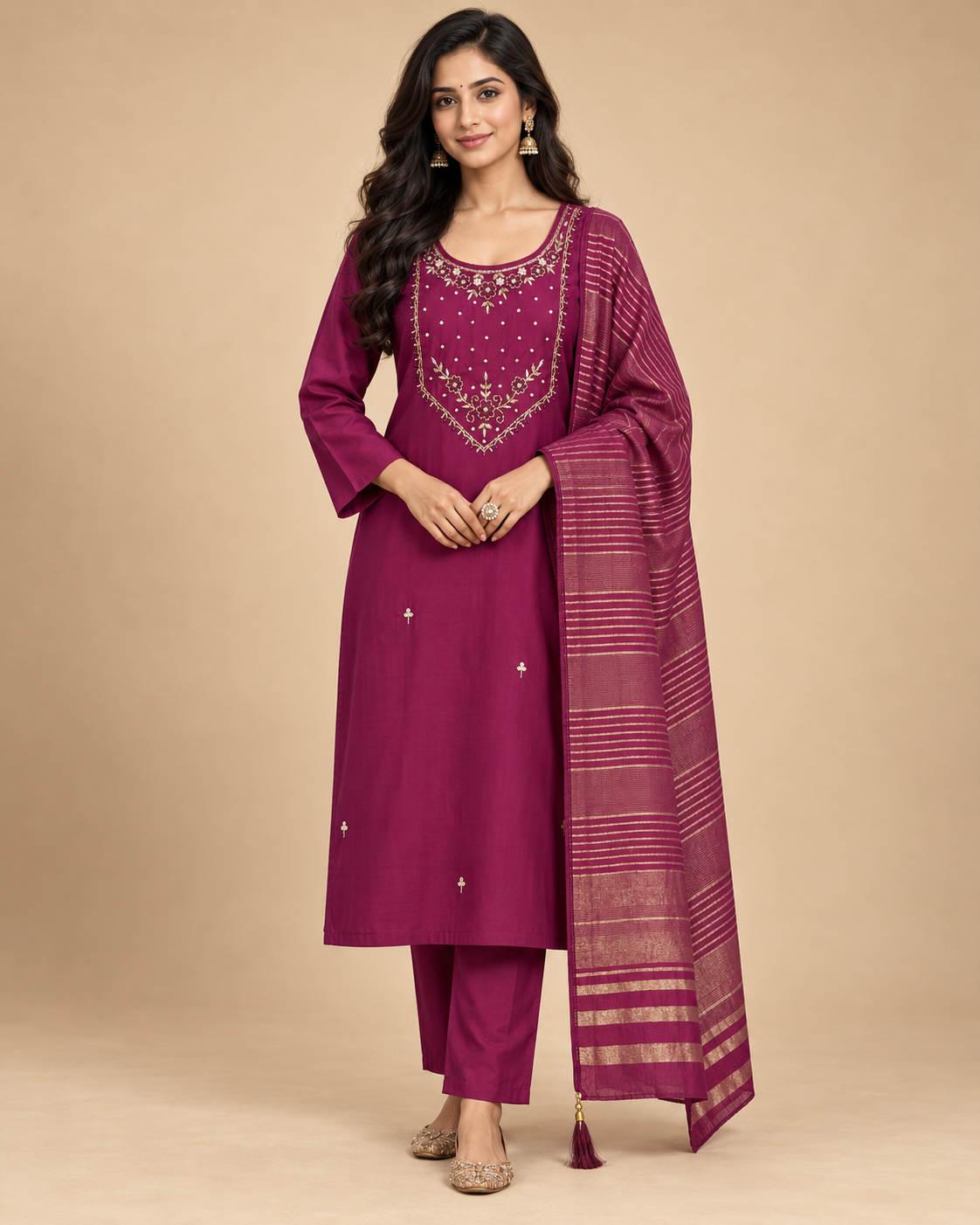 Women’s Heavy Soft Maslin Handwork Kurta Pant Set with Striped Dupatta-PRMP-SE-J-25 [Rani Magenta]