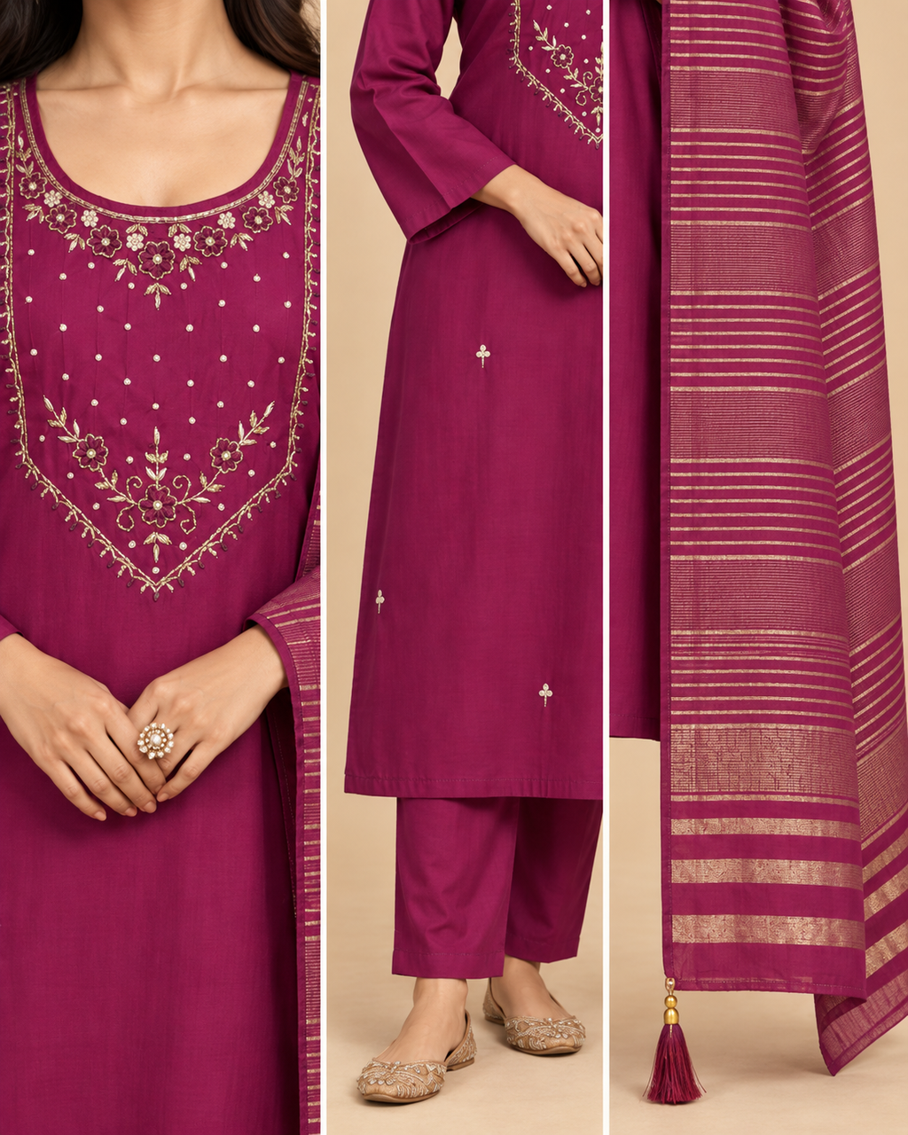 Women’s Heavy Soft Maslin Handwork Kurta Pant Set with Striped Dupatta-PRMP-SE-J-25 [Rani Magenta]