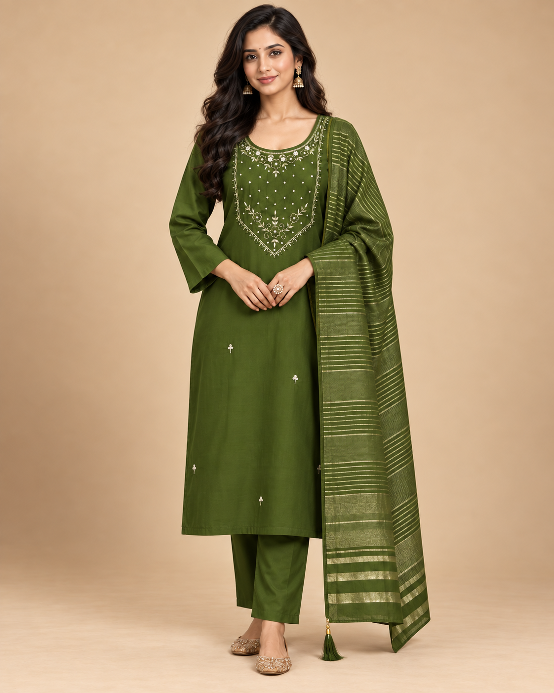 Women’s Heavy Soft Maslin Handwork Kurta Pant Set with Striped Dupatta-PRMP-SE-J-25 [Olive Green]