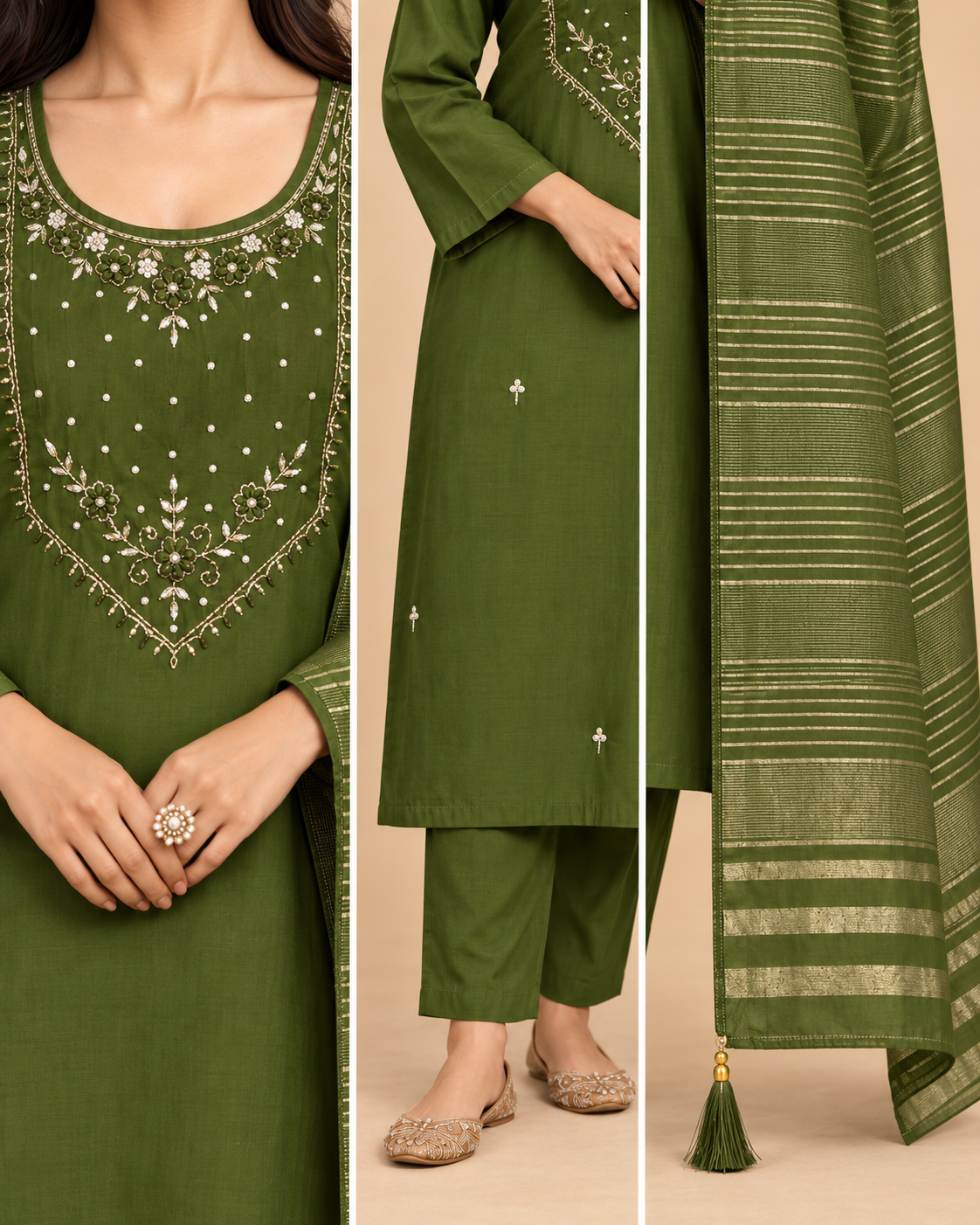 Women’s Heavy Soft Maslin Handwork Kurta Pant Set with Striped Dupatta-PRMP-SE-J-25 [Olive Green]